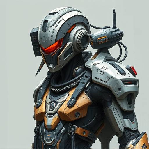 Arte conceitual de um personagem de s&radic;&copy;rie com visual futurista e complexo.
