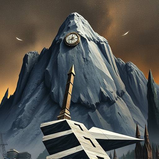 Capa da s&radic;&copy;rie 'O Legado de Pedra' com uma montanha imponente e um s&radic;&ne;mbolo antigo esculpido.