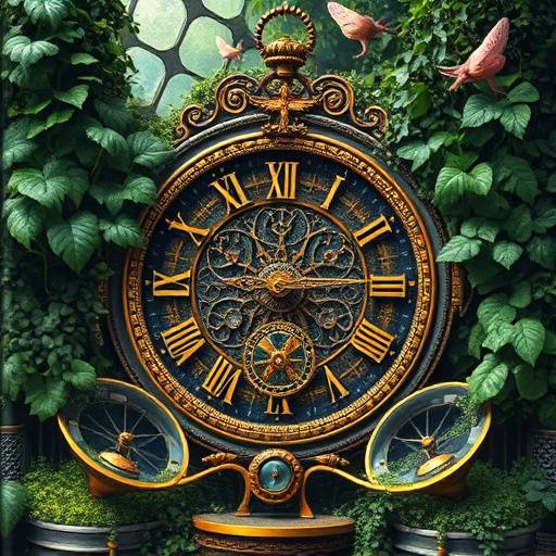 Capa da s&radic;&copy;rie 'Os Jardineiros do Tempo' com um rel&radic;&ge;gio intricado em um jardim exuberante.