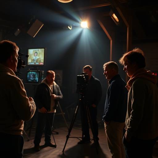 Foto de atores em um set de filmagem com ilumina&radic;&sect;&radic;&pound;o dram&radic;&deg;tica.