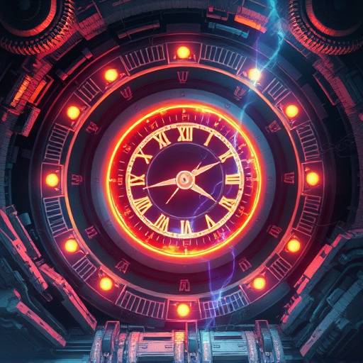 Ilustra&radic;&sect;&radic;&pound;o de um portal do tempo com engrenagens e luzes et&radic;&copy;reas.